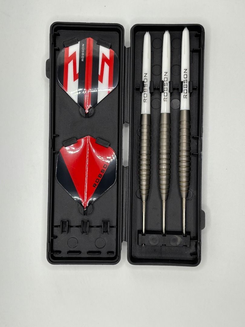 Robson Kalis 80% Tungsten Dart Set (Category: Other Sports Equipment and Supplies) located in Marikina City. Submitted by sonnysaristore (Listing ID 1466389825, Image 1). Description: - Brand: Robson Kalis dart set - Material: 80% tungsten barrels with grooved grip design - 24g - Condition: Used twice, bought from Chris Sports - Inclusions: 3 barrels, white shafts, polyester flights, and protective dart case - Packaging: Complete with original bo