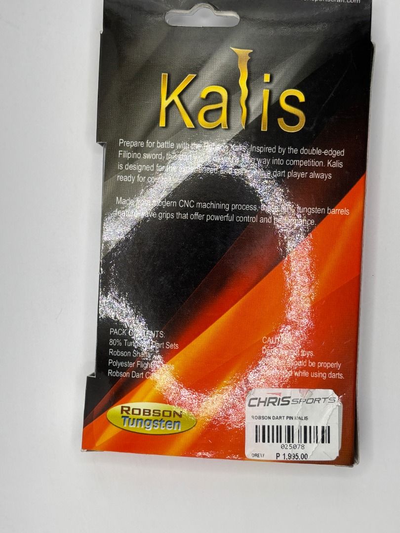 Robson Kalis 80% Tungsten Dart Set (Category: Other Sports Equipment and Supplies) located in Marikina City. Submitted by sonnysaristore (Listing ID 1466389825, Image 3). Description: - Brand: Robson Kalis dart set - Material: 80% tungsten barrels with grooved grip design - 24g - Condition: Used twice, bought from Chris Sports - Inclusions: 3 barrels, white shafts, polyester flights, and protective dart case - Packaging: Complete with original bo
