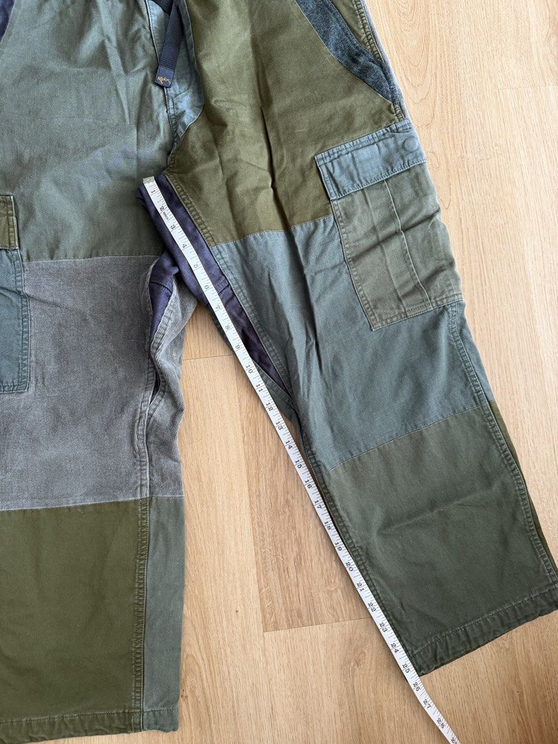 ROKX Japan Patchwork Pants Olive Green Sage (Category: Jeans) located in Makati City. Submitted by dirtyube (Listing ID 1466375760, Image 3). Description: - Brand/Model: ROKX Patchwork Pants - Colorway: Olive green, grey, and sage tones - Fit: Relaxed cut with elastic waistband and integrated belt - Measurements: XL - Waist ~36" flat, Inseam ~26", Leg opening 8.5” - Style: Great for outdoor wear or casual streetwear - Condition: Excellent pre-lov