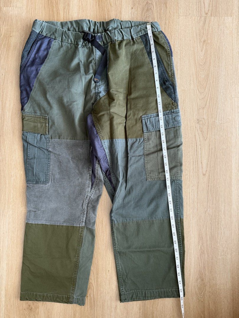 ROKX Japan Patchwork Pants Olive Green Sage (Category: Jeans) located in Makati City. Submitted by dirtyube (Listing ID 1466375760, Image 2). Description: - Brand/Model: ROKX Patchwork Pants - Colorway: Olive green, grey, and sage tones - Fit: Relaxed cut with elastic waistband and integrated belt - Measurements: XL - Waist ~36" flat, Inseam ~26", Leg opening 8.5” - Style: Great for outdoor wear or casual streetwear - Condition: Excellent pre-lov