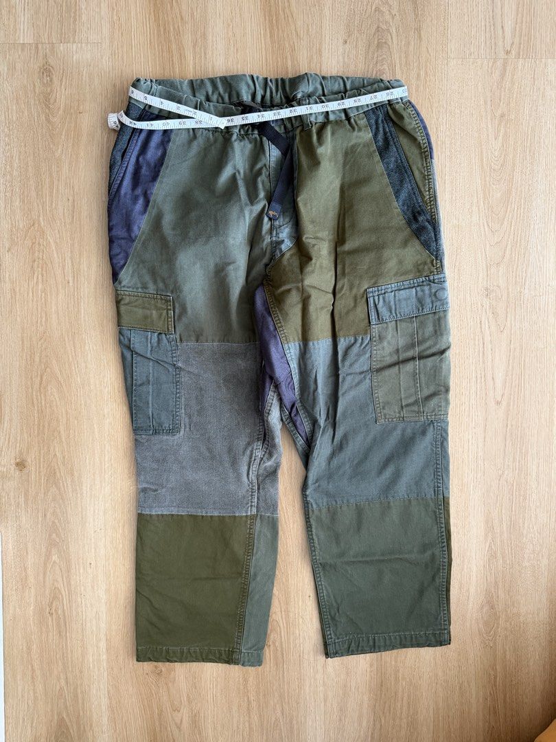 ROKX Japan Patchwork Pants Olive Green Sage (Category: Jeans) located in Makati City. Submitted by dirtyube (Listing ID 1466375760, Image 1). Description: - Brand/Model: ROKX Patchwork Pants - Colorway: Olive green, grey, and sage tones - Fit: Relaxed cut with elastic waistband and integrated belt - Measurements: XL - Waist ~36" flat, Inseam ~26", Leg opening 8.5” - Style: Great for outdoor wear or casual streetwear - Condition: Excellent pre-lov