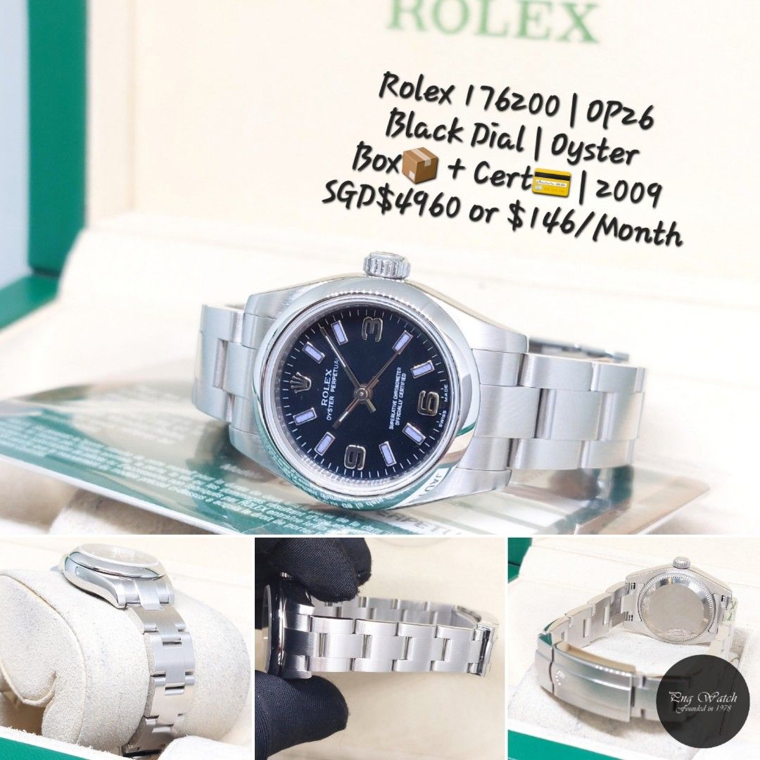 Rolex 26mm 176200 Black Dial Oyster Perpetual (2009)(Grab & Go) (Category: Watches) located in Singapore. Submitted by pngwatchdealer (Listing ID 1466460320, Image 1). Description: Only SGD$146/Month for 36months via DBS/POSB credit card holders! Interest free! For more details on timepiece: https://carousell.app.link/s5i1NARC26b Operating Hours Mon to fri: 3pm to 9pm Sat: 3pm to 8pm Sun & PH closed (Please contact us before dropping by to view o