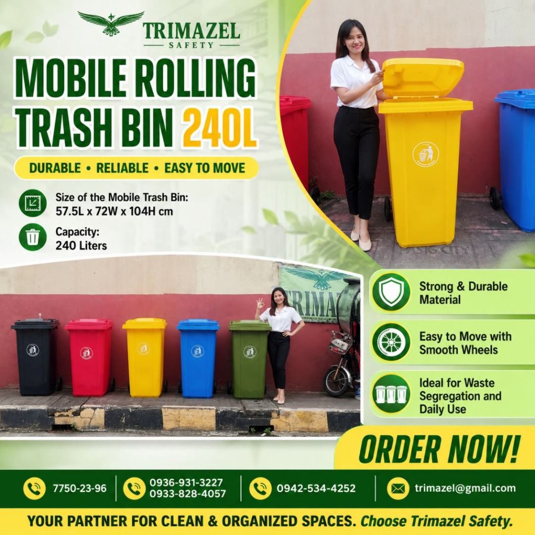 ROLLING TRASH BIN 240L (Category: Looking For) located in Paranaque City. Submitted by buynowbilikanow (Listing ID 1466349585, Image 1). Description: ✅ Guaranteed lowest price ✅ Quality products ✅ Big discount for bulk orders ✅ 100% LEGIT TRUSTED SUPPLIER! ✅ With Complete Legal Documents ✅ BIR Registered We Supply All Kinds Of PPE Supplies, Raincoat, Hard Hat, Cooler Box, Plastic Trash Bin, Road Barriers, Kayak Boats, Crystal Kayak, Traffic Cone,