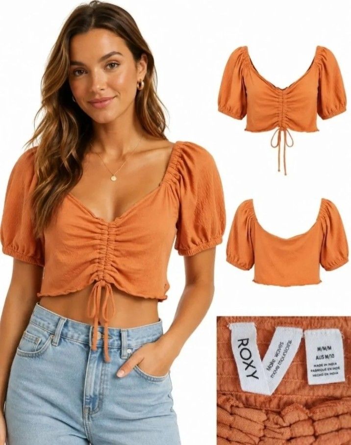 Roxy Rust Orange Puff Sleeve Ruched Crop Top Size L (Category: Blouses) located in Cabanatuan. Submitted by miss.maia (Listing ID 1466487365, Image 1). Description: Roxy Rust Orange Puff Sleeve Ruched Crop Top Size L.