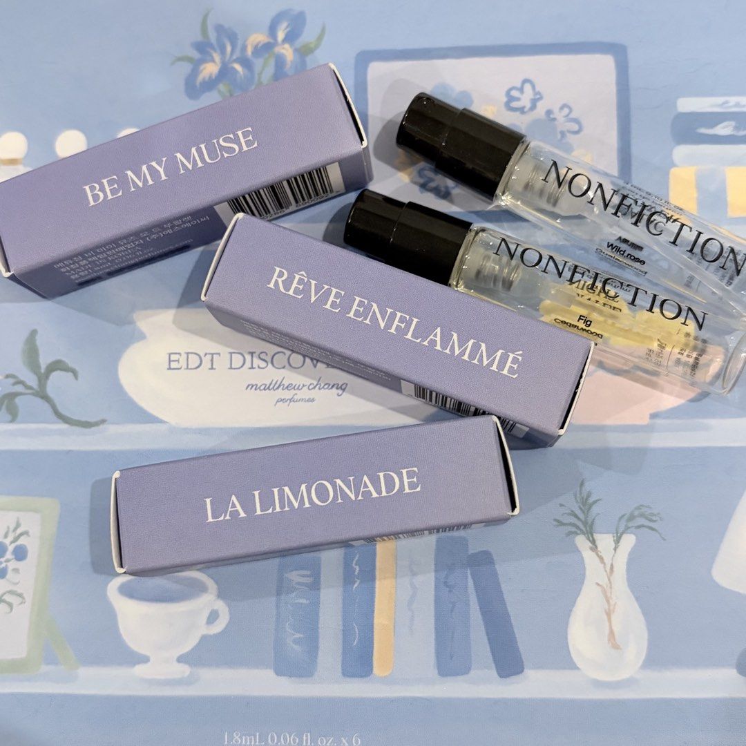 [samples] matthew chang + nonfiction edp / edt (Category: Fragrance & Deodorants) located in Manila. Submitted by jjonghanies (Listing ID 1466459144, Image 1). Description: 💬 usage rates: matthew chang - be my muse / reve enflamme: sprayed once to test - la limonade: sprayed x4 for one outing nonfiction: both heavily used ; still good for 1-2 outings depending on how much you spray ‼️ re. pricing - check matthew chang sampler set on 🍊 to see or