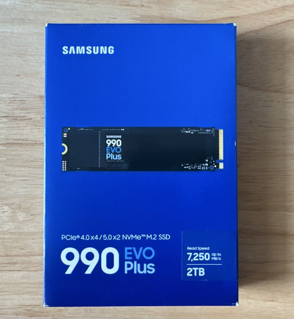 Samsung 990 EVO Plus 2TB NVMe M.2 SSD (Category: Hard Disks & Thumbdrives) located in Pasig City. Submitted by bey04 (Listing ID 1466354932, Image 1). Description: - Brand: Samsung 990 EVO Plus - Capacity: 2TB - Condition: Brand new, unused, still in original blue retail box - Interface: PCIe 4.0 x4 and 5.0 x2 - Performance: Read speeds up to 7,250 MB/s - Perfect for PC upgrades, gaming rigs, and fast data storage.