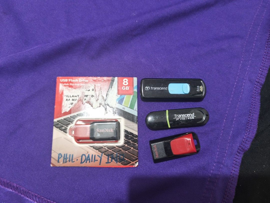 SanDisk and Transcend USB Flash Drives Bundle (4GB & 8GB) (Category: Hard Disks & Thumbdrives) located in Manila. Submitted by sjsison6449411 (Listing ID 1466438091, Image 1). Description: - Set of 4 USB flash drives: 2 SanDisk and 2 Transcend - Capacities: Mix of 4GB and 8GB models - Condition: 1 SanDisk 8GB is brand new in its original packaging card; - Performance: Fully tested and freshly formatted - Ideal for everyday file storage, documents