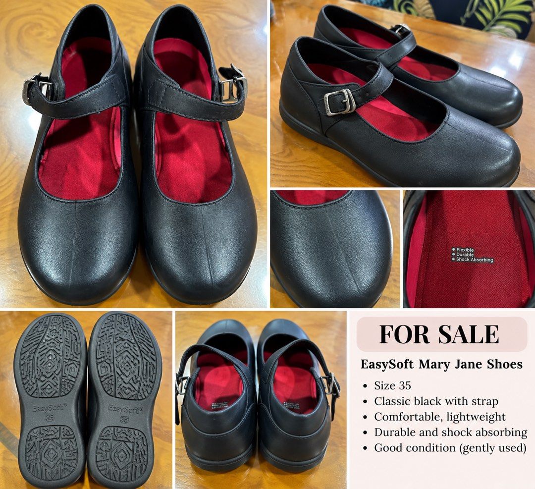 School shoes (Category: Flats & Sandals) located in Quezon City. Submitted by nhamaq (Listing ID 1466342376, Image 1). Description: FOR SALE: EasySoft Mary Jane Shoes 🖤 Preloved EasySoft black Mary Jane shoes, Size 35. Classic and simple design—perfect for school, office, uniform, or everyday wear. ✨ Flexible and lightweight ✨ Durable & shock-absorbing ✨ Adjustable buckle strap ✨ Comfortable red cushioned lining ✨ Soles still have good tread ✨ G