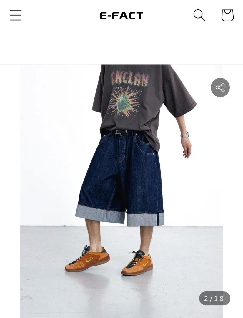 SELVEDGE ANGLAN TURN-UP JORTS DENIM (Category: Jeans) located in Davao. Submitted by rodrigoani57168 (Listing ID 1466421829, Image 2). Description: - Brand: Anglan - Style: Dark wash wide-leg denim shorts with thick rolled cuffs - Style: Wide-fit Bermuda denim shorts (jorts) featuring a distinctive wide turned-up/rolled cuff at the hem, contrast stitching, an elastic drawstring waist with a button fly, and the ANGLAN logo patch on the front pocke