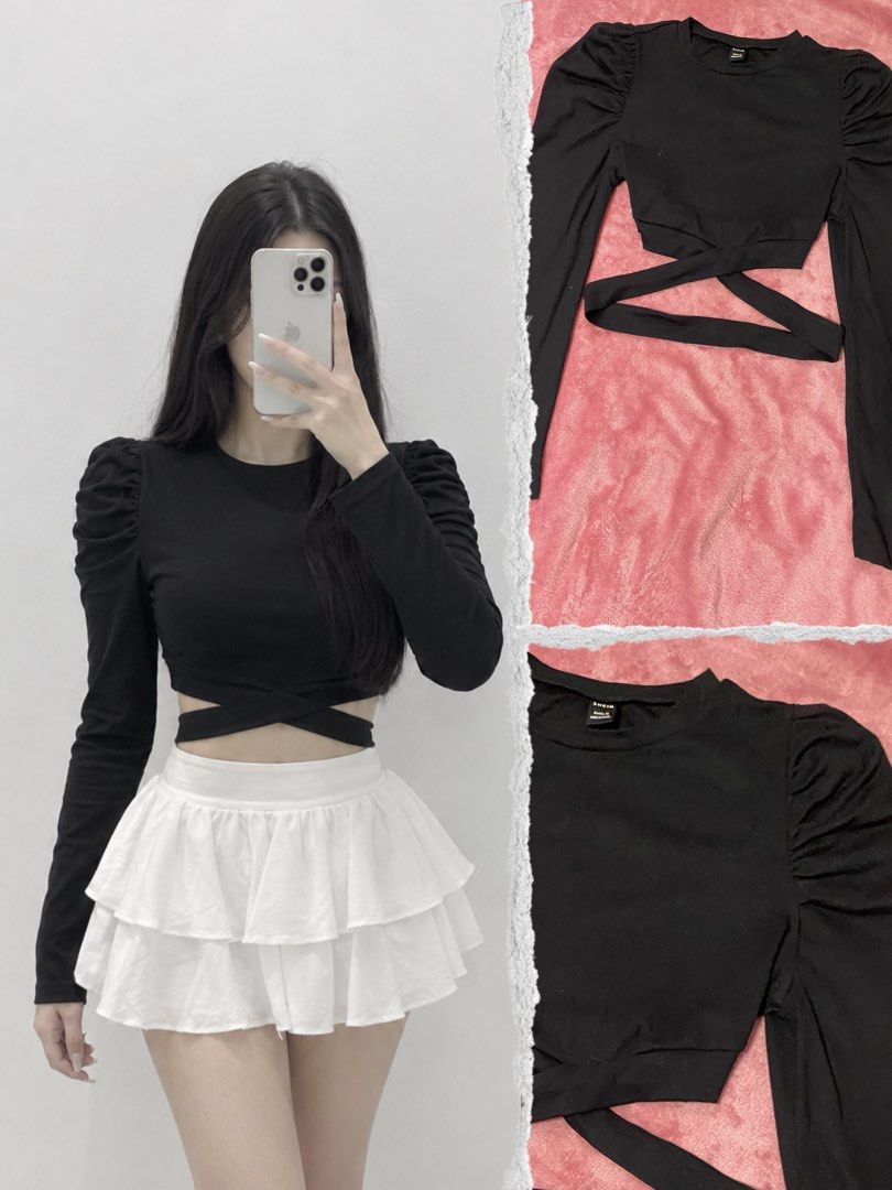 Shein Black Long Sleeve Crop Top with Wrap Straps (Category: Longsleeves) located in Manila. Submitted by coolflower-e6627b (Listing ID 1466445913, Image 1). Description: - Brand: SHEIN - Size: Small - Color: Black - Material: Soft ribbed fabric - Design: Crew neck, long sleeves with gathered puff shoulders, and cross-over waist straps - Styling: Great worn alone or paired with a layered mini skirt.