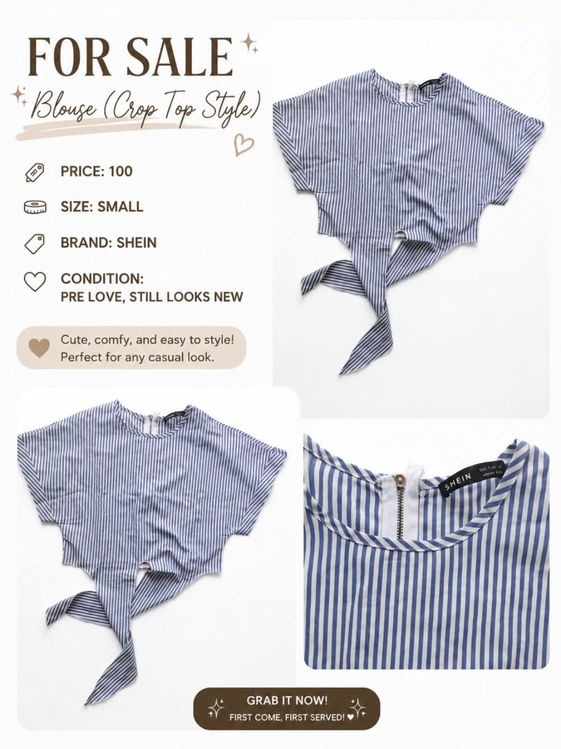 SHEIN Blue Striped Crop Top Blouse Size Small (Category: Blouses) located in Cavite. Submitted by gie_nie_1991 (Listing ID 1466416709, Image 1). Description: - Brand: SHEIN - Size: Small - Design: Blue and white vertical stripes, crop top style - Features: Short sleeves, front tie detail, back neck zipper.