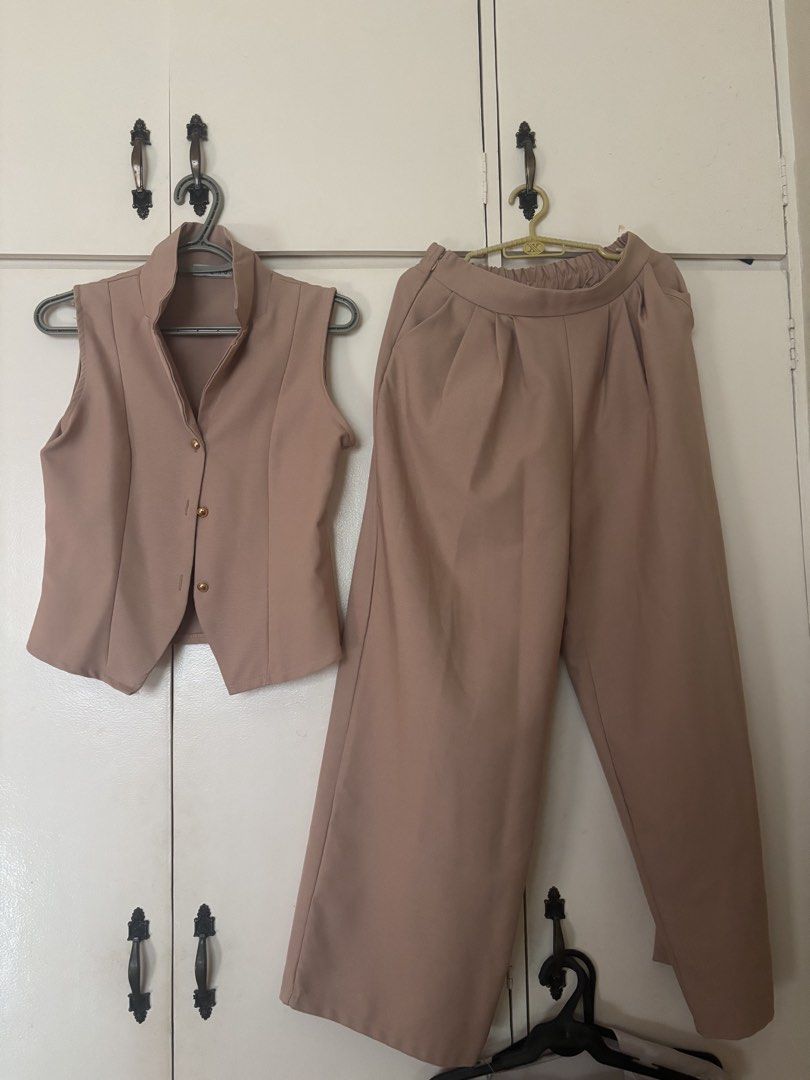 COORDS BUNDLE (Category: Sets or Coordinates) located in Manila. Submitted by jobithings (Listing ID 1466405027, Image 2). Description: - Brand/Style: Shein matching vest and pants set - Color: Taupe brown - Size: Medium (tag attached) - Top: Sleeveless button-up with high collar - Bottoms: Straight-leg trousers with elastic back waist - Condition: Excellent, clean with no stains or damage - Versatility: Ideal for chic corporate attire or casual 