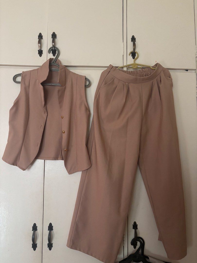 COORDS BUNDLE (Category: Sets or Coordinates) located in Manila. Submitted by jobithings (Listing ID 1466405027, Image 1). Description: - Brand/Style: Shein matching vest and pants set - Color: Taupe brown - Size: Medium (tag attached) - Top: Sleeveless button-up with high collar - Bottoms: Straight-leg trousers with elastic back waist - Condition: Excellent, clean with no stains or damage - Versatility: Ideal for chic corporate attire or casual 