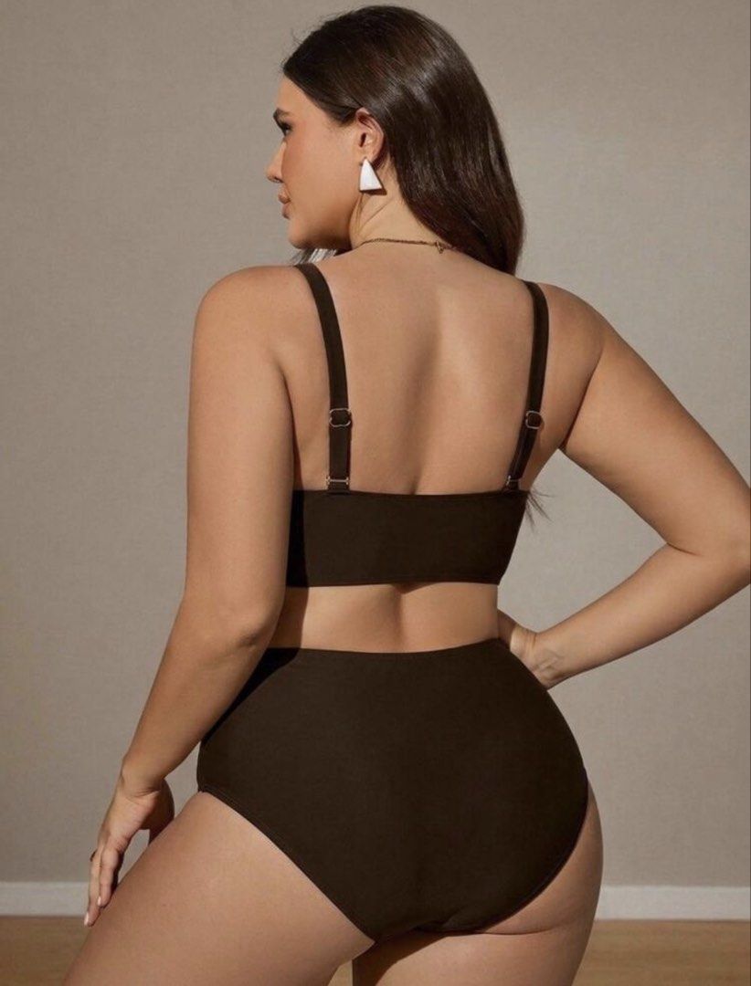 SHEIN Brown Two-Piece High-Waisted Bikini Set (Category: Bikinis & Swimsuits) located in Makati City. Submitted by dpfran (Listing ID 1466383715, Image 2). Description: - Color: Solid Dark Brown - Style: Two-piece swimsuit with a minimalist design - Top: Square neckline crop top with adjustable shoulder straps - Bottoms: High-waisted with full coverage - Material: Stretchy, comfortable fabric - Ideal for: Beach days and pool lounging.