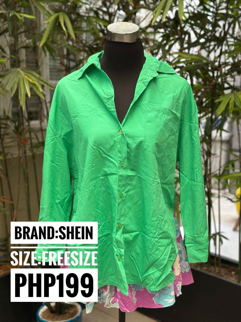 Shein Green Button Down Shirt (Category: Shirts) located in Bulacan. Submitted by thriftbagcollections (Listing ID 1466357128, Image 1). Description: - Brand: Shein - Size: Small - Color: Bright Green - Features: Pointed collar, front button closure, single chest pocket, long sleeves with button cuffs - Condition: Excellent / Pre-loved - Style: Great for layering, casual days, or office wear.