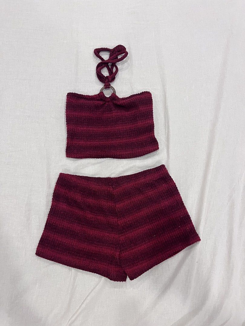 SHEIN Maroon Halter Top and Shorts Set (Category: Sets or Coordinates) located in Quezon City. Submitted by ashlymae (Listing ID 1466384859, Image 1). Description: - Brand: SHEIN - Style: Two-piece set (halter crop top with ring detail + matching shorts) - Color/Pattern: Deep maroon ombre stripe - Material: Soft, stretchy waffle knit fabric - Condition: Worn once, freshly washed - Best for: Casual days out or cozy lounging.