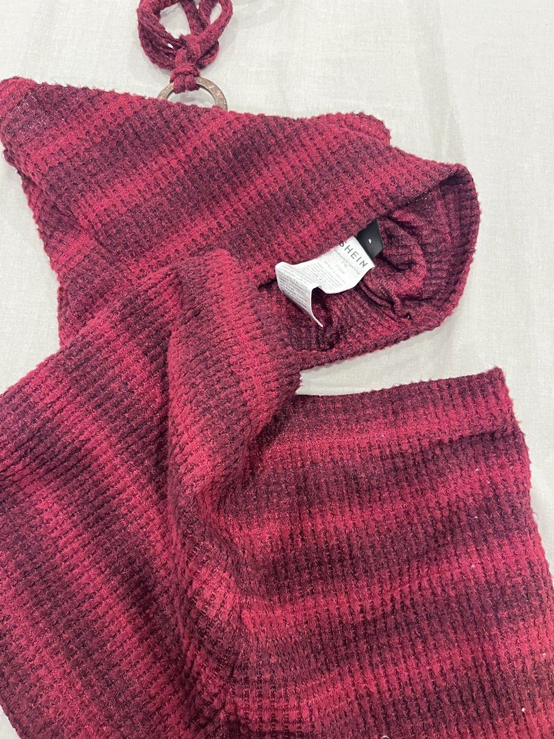 SHEIN Maroon Halter Top and Shorts Set (Category: Sets or Coordinates) located in Quezon City. Submitted by ashlymae (Listing ID 1466384859, Image 2). Description: - Brand: SHEIN - Style: Two-piece set (halter crop top with ring detail + matching shorts) - Color/Pattern: Deep maroon ombre stripe - Material: Soft, stretchy waffle knit fabric - Condition: Worn once, freshly washed - Best for: Casual days out or cozy lounging.