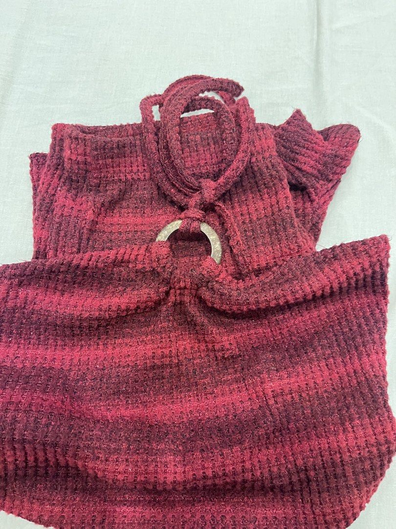 SHEIN Maroon Halter Top and Shorts Set (Category: Sets or Coordinates) located in Quezon City. Submitted by ashlymae (Listing ID 1466384859, Image 3). Description: - Brand: SHEIN - Style: Two-piece set (halter crop top with ring detail + matching shorts) - Color/Pattern: Deep maroon ombre stripe - Material: Soft, stretchy waffle knit fabric - Condition: Worn once, freshly washed - Best for: Casual days out or cozy lounging.