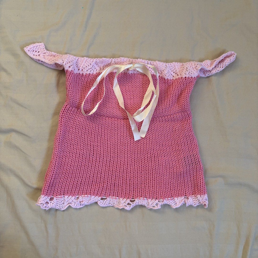 Shein Pink Knit Off-Shoulder Top Size M (Category: Longsleeves) located in Mandaluyong City. Submitted by afterceej (Listing ID 1466473262, Image 1). Description: - Brand: Shein - Style: Pink knit off-shoulder top with sweet lace trim - Details: Light pink lace edges and cream satin ribbon bow at the center front - Size: EU M / US 38 / UK 6 - Material: 100% polyester (soft and very comfortable) - Care: Hand wash recommended 📍 Mandaluyong 🚚 Ship
