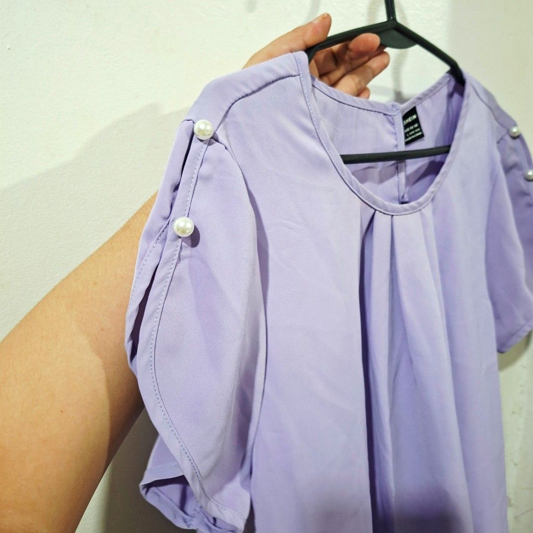 SHEIN Purple Blouse/Top Size Large (Category: Blouses) located in Cagayan de Oro. Submitted by langscloset (Listing ID 1466454570, Image 2). Description: original SHEIN top. size large. like new, no issue at all. once lang tlga to nagamit for an event I attended in the past na purple ang motif. fabric is very smooth sa balat and malamig suotin. lp na. pls no offer. .