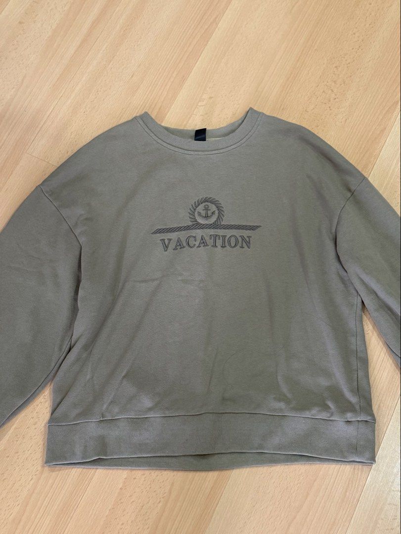 SHEIN "VACATION" Embroidered Sweatshirt (Category: Longsleeves) located in Muntinlupa City. Submitted by alexisofia (Listing ID 1466506091, Image 2). Description: Cozy olive green/khaki crewneck sweatshirt featuring an embroidered anchor and “VACATION” graphic. Relaxed, comfy fit perfect for casual days or layering! lightly used, worn couple of times / still in good condition size: [insert size, e.g., Medium / Large] Brand: SHEIN.