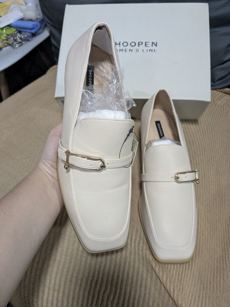 Shoopen Light Beige Heeled Loafers (Category: Loafers) located in Quezon City. Submitted by nnncorner (Listing ID 1466501338, Image 2). Description: Shoopen Light Beige Heeled Loafers Size 245 / size eu 37.5 / US 6.5 3 inch heels True to size New and never been used Fresh from Korea With box original price: 1,873 in pesos Selling 1200.