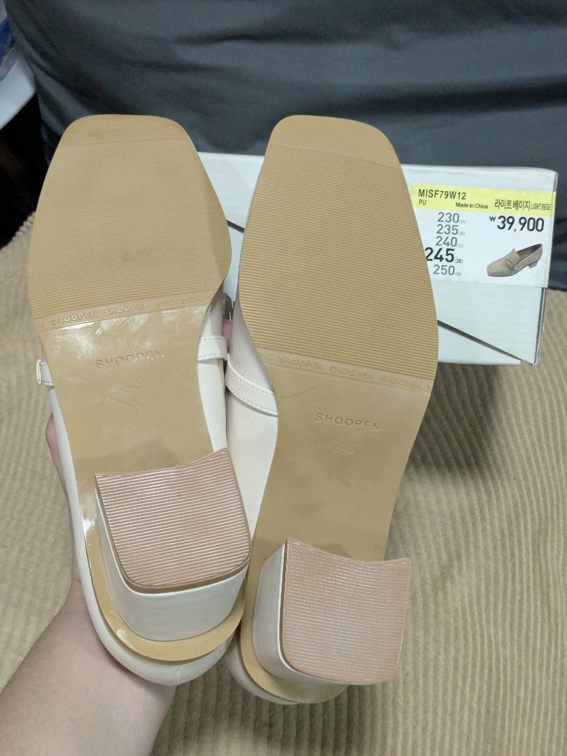 Shoopen Light Beige Heeled Loafers (Category: Loafers) located in Quezon City. Submitted by nnncorner (Listing ID 1466501338, Image 3). Description: Shoopen Light Beige Heeled Loafers Size 245 / size eu 37.5 / US 6.5 3 inch heels True to size New and never been used Fresh from Korea With box original price: 1,873 in pesos Selling 1200.