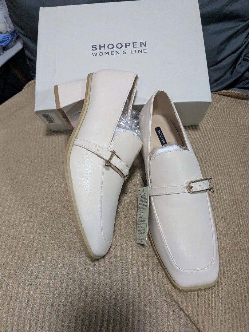 Shoopen Light Beige Heeled Loafers (Category: Loafers) located in Quezon City. Submitted by nnncorner (Listing ID 1466501338, Image 1). Description: Shoopen Light Beige Heeled Loafers Size 245 / size eu 37.5 / US 6.5 3 inch heels True to size New and never been used Fresh from Korea With box original price: 1,873 in pesos Selling 1200.