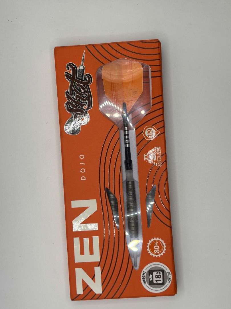Shot Zen Dojo 18g Soft Tip Darts Set (Category: Racket and Ball Sports) located in Marikina City. Submitted by sonnysaristore (Listing ID 1466392249, Image 1). Description: - Brand/Model: Shot Zen Dojo soft tip darts set - Weight: 18 grams - Material: 80% tungsten barrels with textured grip pattern - Inclusions: Orange flights and original packaging box - Condition: used - what you see is what you get - GCASH payment - no COD - FINAL PRICE LISTED