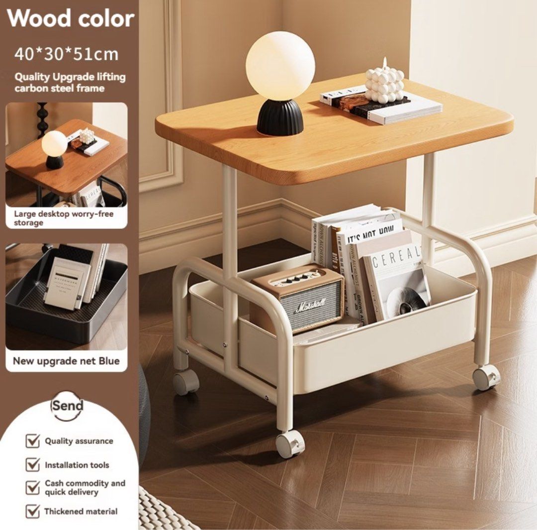 Side table (Category: Shelves, Cabinets & Racks) located in Manila. Submitted by kyleoliveros (Listing ID 1466359082, Image 1). Description: - Mobile bedside table with smooth-rolling wheels - Stylish wooden top paired with a sturdy white metal frame - Convenient lower storage basket for books and small items - Compact size, ideal for small spaces beside a bed or sofa - Previously used in a clean bedroom setting and well-maintained RFS: Planning 