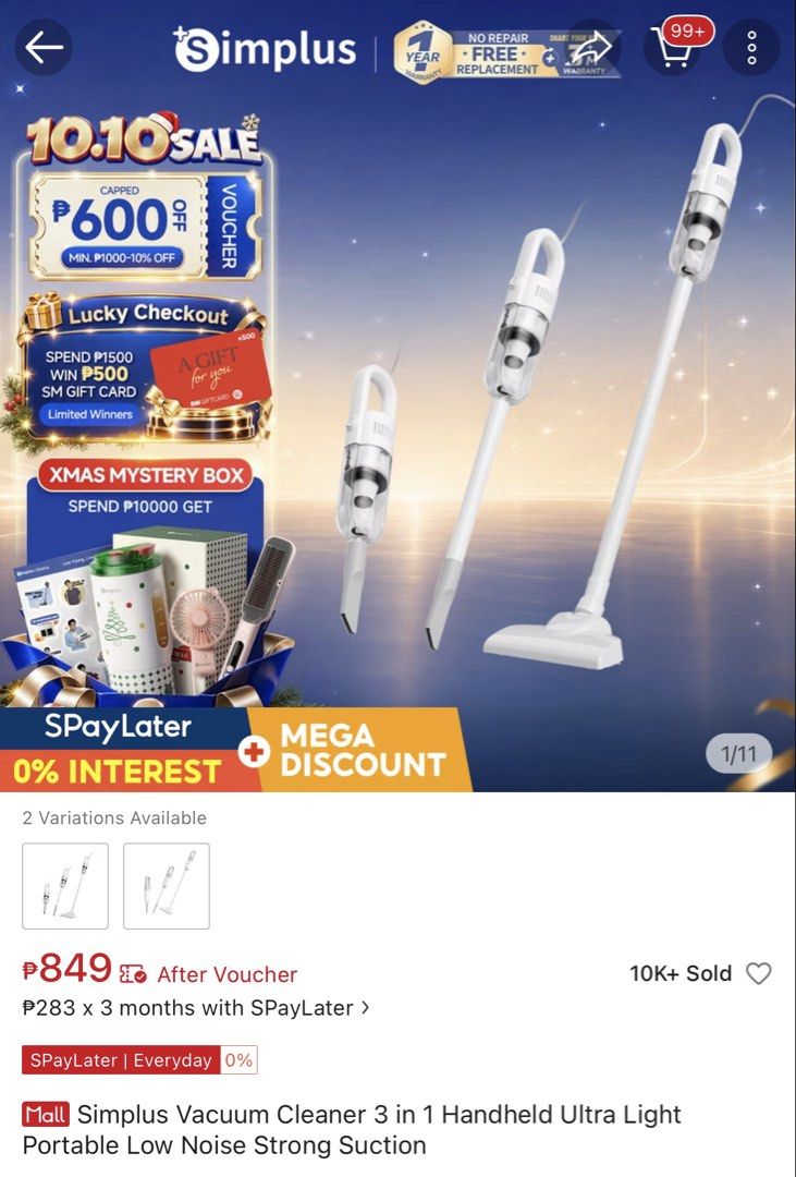 Simplus Vacuum Cleaner 3 in 1 Handheld Ultra Light (Category: Other Home Appliances) located in Taguig. Submitted by keilleg (Listing ID 1466563586, Image 1). Description: - Brand/Model: Simplus 3-in-1 Handheld Vacuum Cleaner - Color: Clean minimalist White - Design: Corded, ultra-lightweight, and portable - Performance: Strong suction power with low noise operation - Versatility: Includes multiple attachments as shown in pictures - Best for: Qui