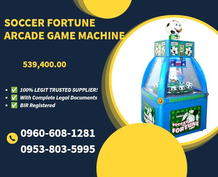 Soccer Fortune arcade game machine (Category: Everything Else Others) located in Caloocan City. Submitted by 09051674995 (Listing ID 1466356750, Image 1). Description: ●Model No.: CP-C103 ●Size:102*102*202cm ●Weight: 180KG ●Power: 135W ●Player:4 Player .