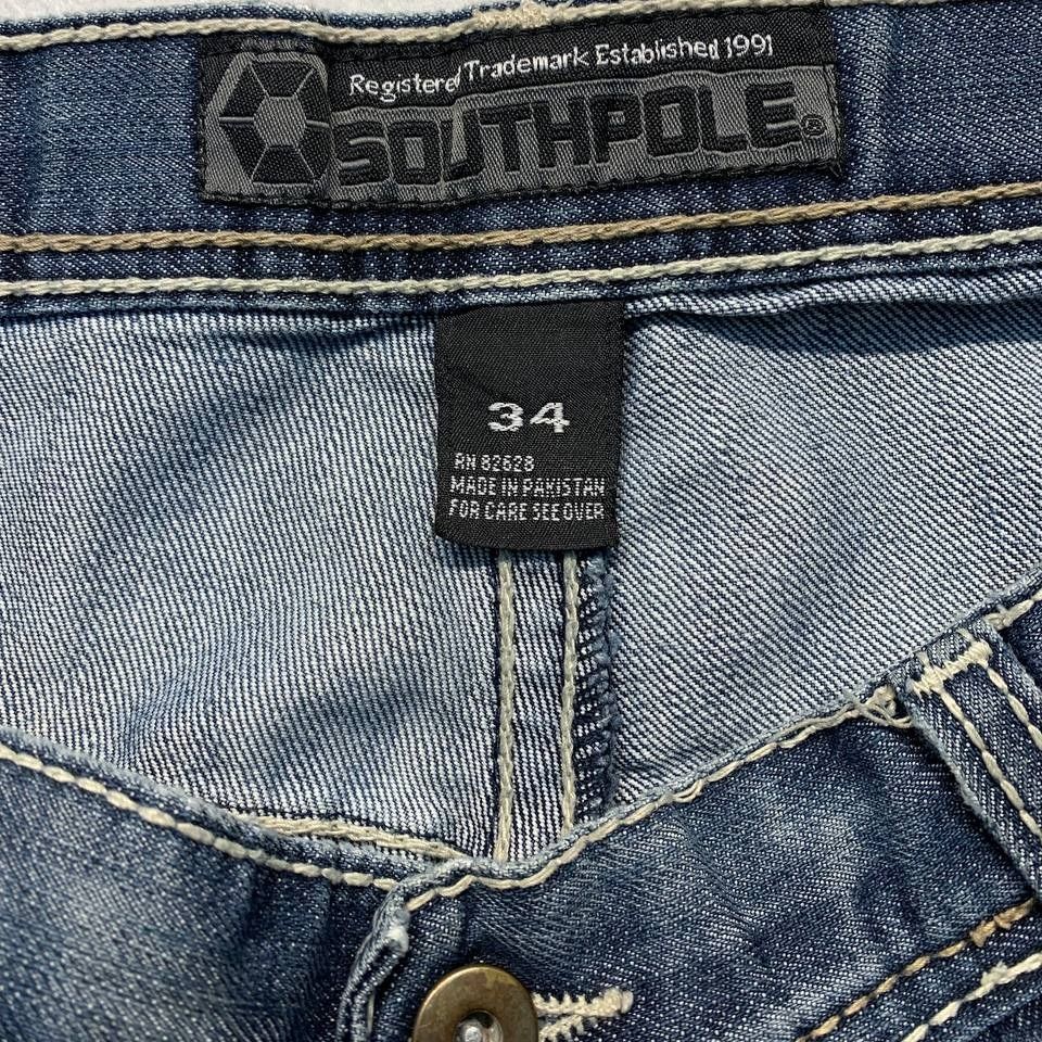 Southpole Blue Denim Jeans (Category: Jeans) located in Mandaluyong City. Submitted by theroom501 (Listing ID 1466467148, Image 3). Description: Southpole Blue Denim Jeans Style Code: Size on Tag: 34 Color: Brown Condition: Good pre-owned condition with a heavily distressed vintage look. Flaws/Issues: Distressed peeling patch tag and good fade Flat Lay Measurements: Pit to Pit: 34 inches Length: 42 inches Leegopening Length: 8 inches Price:1500.