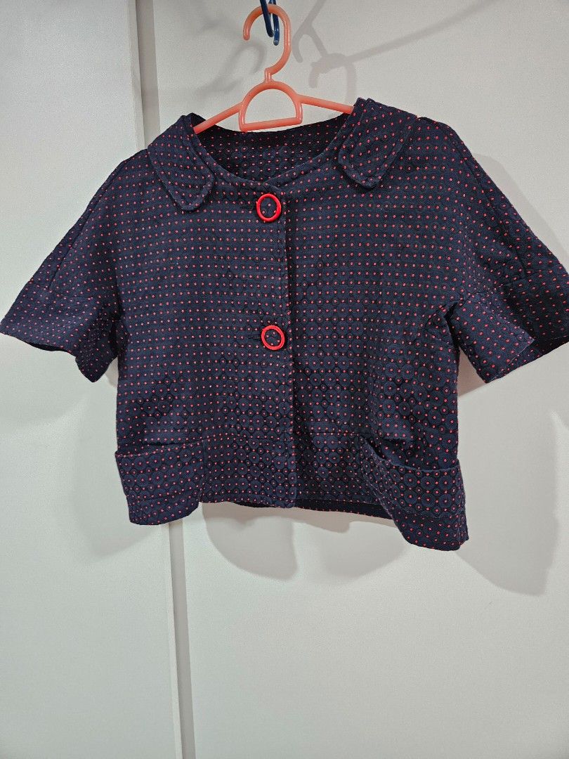 SSeni Navy Blue Red Polka Dot Jacket Blazer (Category: Coats, Jackets and Outerwear) located in Caloocan City. Submitted by rm.diaz (Listing ID 1466494937, Image 1). Description: - Color & Pattern: Navy blue with vibrant red polka dots - Design: Short sleeves, front button closure with bright red buttons, structured collar - Fabric & Interior: Textured patterned fabric, fully lined with brand label tag - Care: Dry clean only - Style: Cute casual 