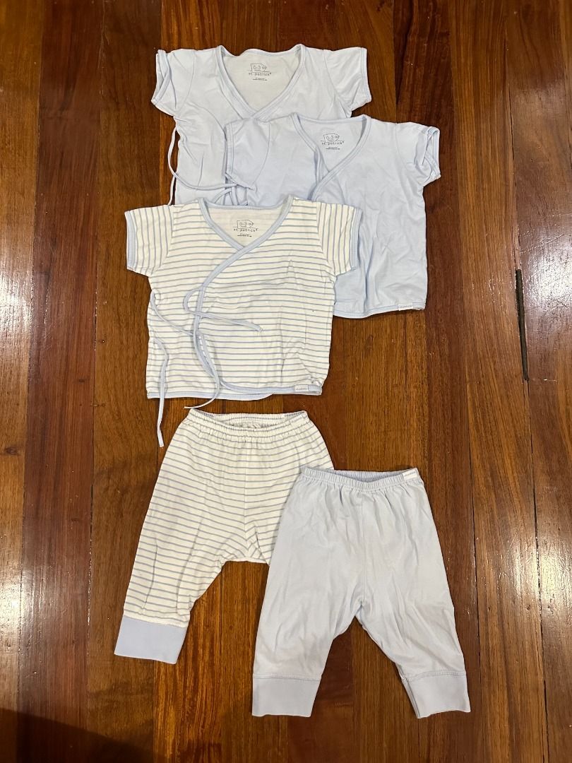 ST PATRICK NEWBORN BUNDLE 5pc SET - Blue (Category: Babies & Kids Fashion) located in Makati City. Submitted by travelfinds34611 (Listing ID 1466417765, Image 1). Description: GREAT CONDITION ST PATRICK NEWBORN BUNDLE 5pc SET 1. 1pc St Patrick Jogger Pajamas, Size: 0-3M, Color: Blue Stripes 2. 1pc St Patrick Jogger Pajamas, Size: 0-3M, Color: Lt Blue Plain 3. 2pcs St Patrick Tie-Side Short Sleeves Shirt, Size: 0-3M, Color: Lt Blue Plain 4. 1pc St