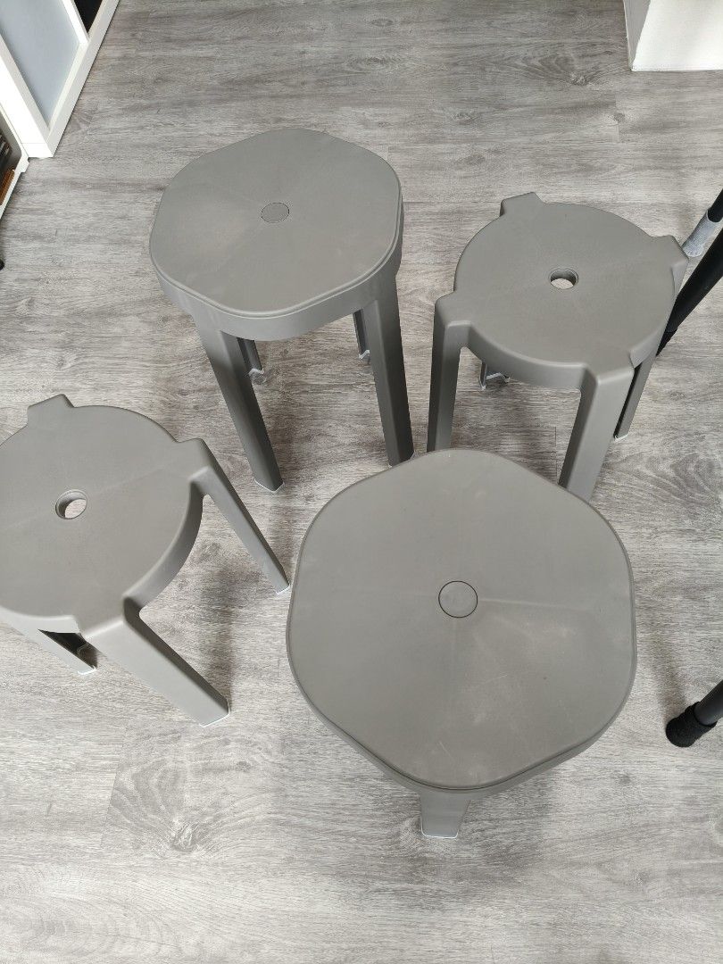 Stackable Nesting Stool Set Grey Space Saving (Category: Chairs) located in Singapore. Submitted by 8888joy (Listing ID 1466396005, Image 2). Description: - Set of 4 stackable stools in a sleek grey finish - Clever nesting design stores all stools into one compact tower on wheels - Ideal space-saver for small HDBs, apartments, or extra guest seating - Durable, sturdy plastic construction with a modern minimalist look - Easy to roll around, deploy