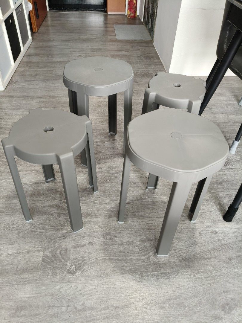 Stackable Nesting Stool Set Grey Space Saving (Category: Chairs) located in Singapore. Submitted by 8888joy (Listing ID 1466396005, Image 3). Description: - Set of 4 stackable stools in a sleek grey finish - Clever nesting design stores all stools into one compact tower on wheels - Ideal space-saver for small HDBs, apartments, or extra guest seating - Durable, sturdy plastic construction with a modern minimalist look - Easy to roll around, deploy