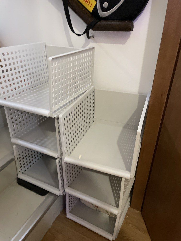 Stackable storage shelves (Category: Shelves, Cabinets & Racks) located in Singapore. Submitted by ardent315 (Listing ID 1466445522, Image 1). Description: White Stackable Storage Shelves – 6 Units * Open-front design with perforated sides. * Arrange together or separately to suit your space. * Useful for organising books, stationery, toys or household items. * Used, with visible marks from use. * Selling due to office clearance. * Self-collectio