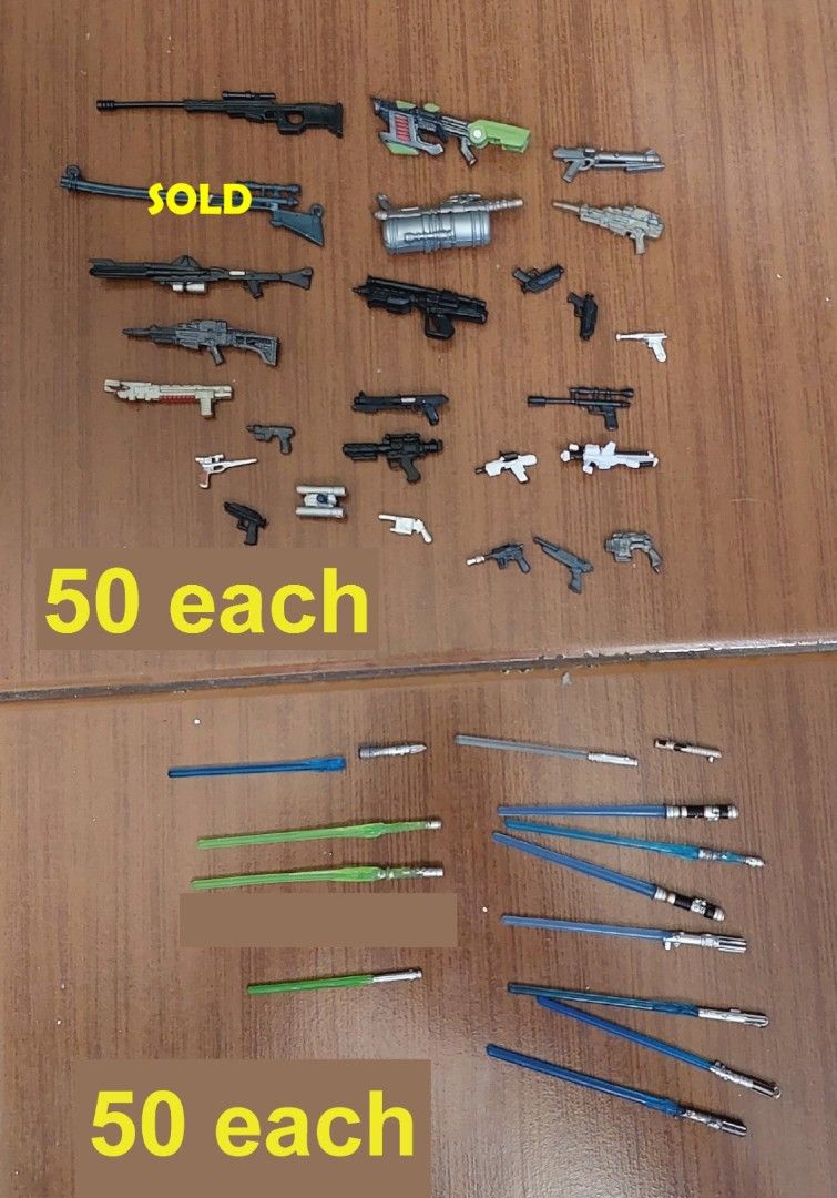 Star Wars 3.75 Accessories 50 pesos each (Category: Action & Battle Toys) located in Pasig City. Submitted by liezel-liezel (Listing ID 1465403003, Image 1). Description: - Assorted action figure weapons, blasters, rifles, and lightsabers - Multiple styles and colors available (including blue and green lightsaber blades, plus grey and black blasters) - Price: ₱50 each - Mix and match to complete your collection or customize your figures - Message