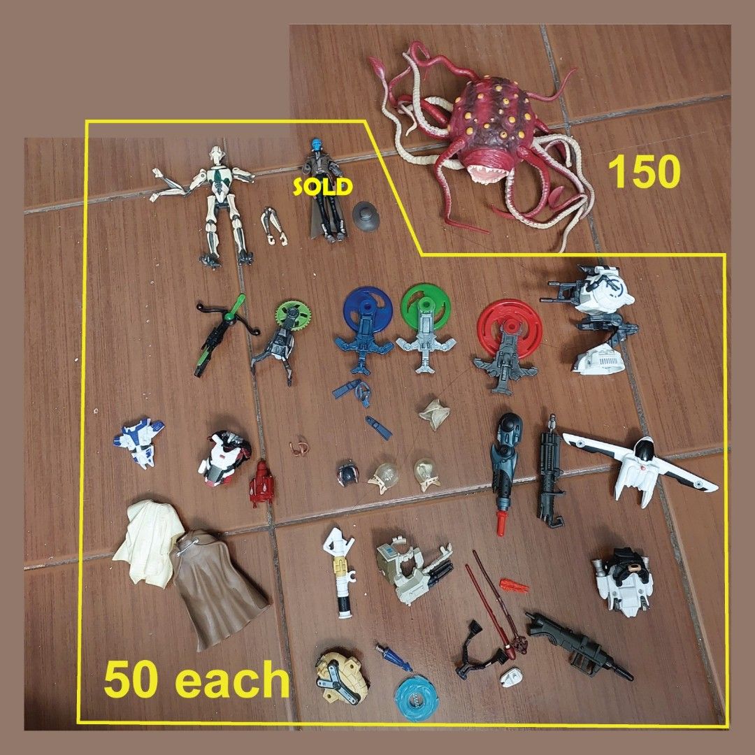 Star Wars 3.75 Action Figures Parts (Category: Action & Battle Toys) located in Pasig City. Submitted by liezel-liezel (Listing ID 1465403136, Image 1). Description: - Star Wars loose action figures, weapons, capes, and accessories - Includes characters like General Grievous, Aurra Sing, and a tentacle monster - Variety of blasters, vehicles, and interchangeable parts available - Priced individually at ₱50 or ₱150 as marked in the photos - Take t