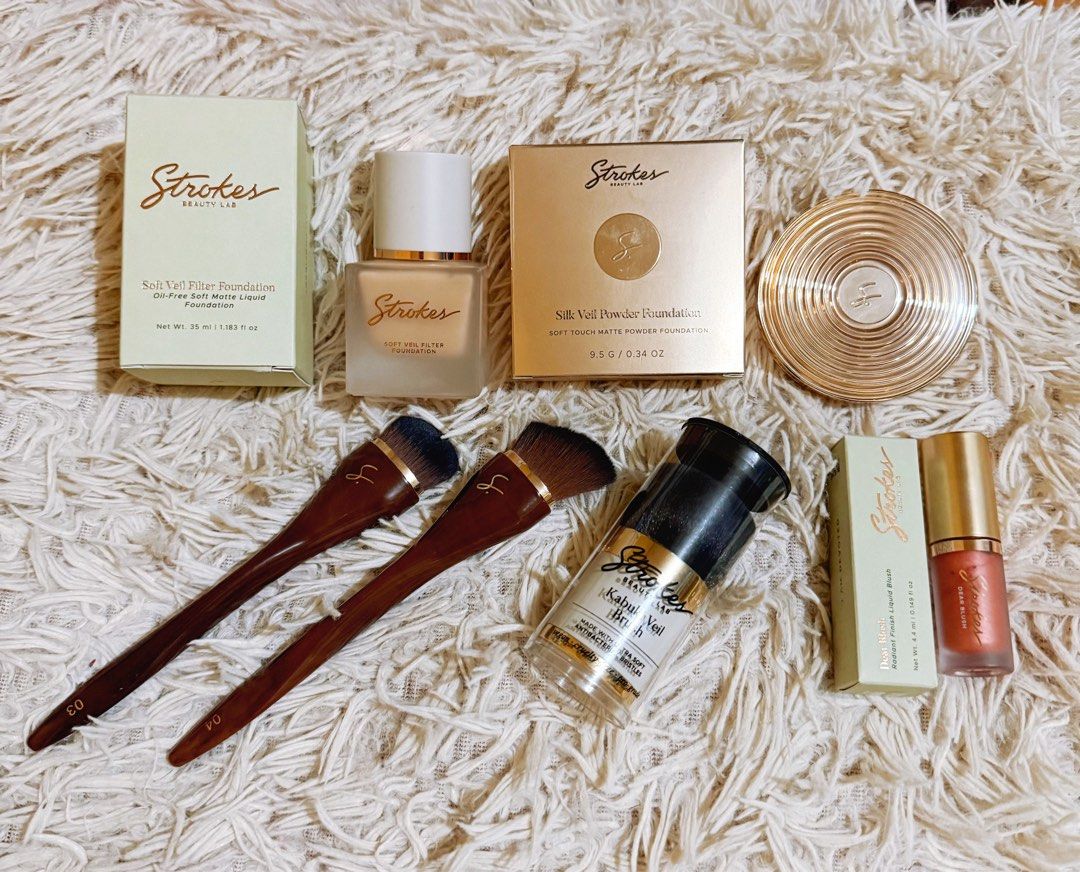 Strokes Beauty Lab Makeup Set Foundation Powder Blush Brushes (Category: Makeup) located in Manila. Submitted by misstiffany28 (Listing ID 1466464748, Image 1). Description: - Brand new & 100% authentic Strokes Beauty Lab makeup bundle - Soft Veil Filter Foundation (with bottle and box) swatched only for content (light) - Silk Veil Powder Foundation (with compact mirror case and box) (fawn) swatched only for content - Dear Blush Radiant Finish Li