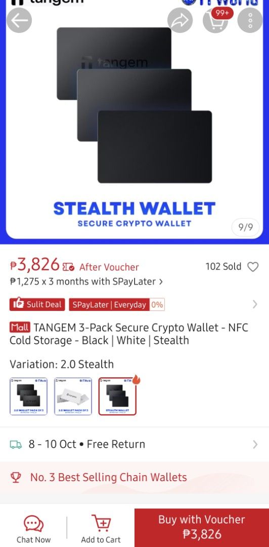 Tangem Wallet Stealth 3-Pack Secure Crypto Wallet (Category: Hard Disks & Thumbdrives) located in Taguig. Submitted by ryan.ryan9 (Listing ID 1466372263, Image 3). Description: - Brand new & 100% sealed in original plastic wrapper - Tangem Wallet Stealth Package (includes 3 cards for ultimate crypto cold storage) - Top-tier security: EAL6+, IP68, and CE certified - Features NFC wireless technology (Card size: 85.6 x 54 mm) - Designed in Switzerla