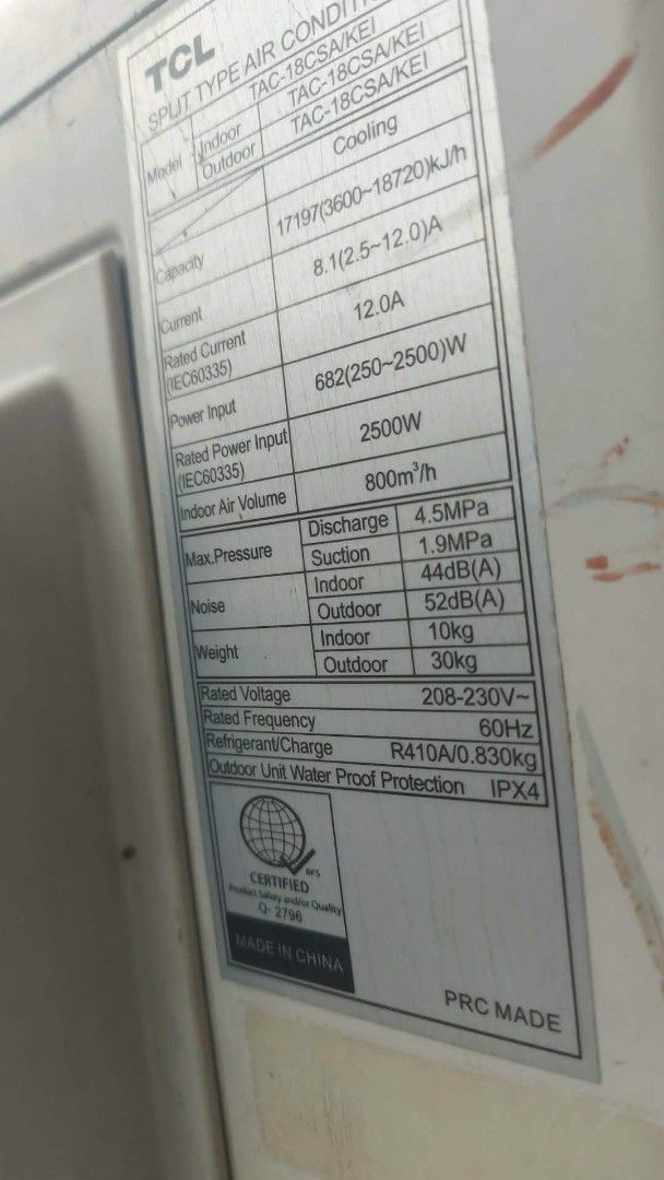 TCL Split Type Air Conditioner TAC-18CSA/KEI (Category: Air Conditioning and Heating) located in Manila. Submitted by pretty0099 (Listing ID 1466346995, Image 2). Description: 📌FOR PICK UP ONLY!!! - Brand/Model: TCL Split Type AC (TAC-18CSA/KEI) - Cooling Capacity: 17197 kJ/h (approx. 1.5 HP) - Refrigerant: Eco-friendly R410A - Condition: Fully functional, standard white indoor wall unit - Details: Dimensions and specs available on the rating st