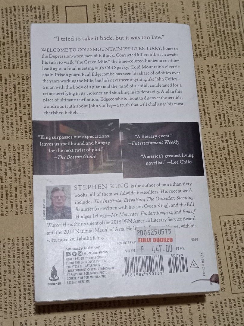 The Green Mile by Stephen King (Complete Novel) (Category: Community) located in Manila. Submitted by hdbookshop (Listing ID 1466436427, Image 2). Description: The Green Mile (Complete Serial Novel) by Stephen King ₱440 ⚠️SURE BUYERS ONLY Make an offer if SURE BUYER. Due to Carousell's reply qouta, only serious buyers will be replied to. 🚫NO OFFER = NO REPLY Make an offer if 100% committed in getting the book, we will reply to you ASAP..