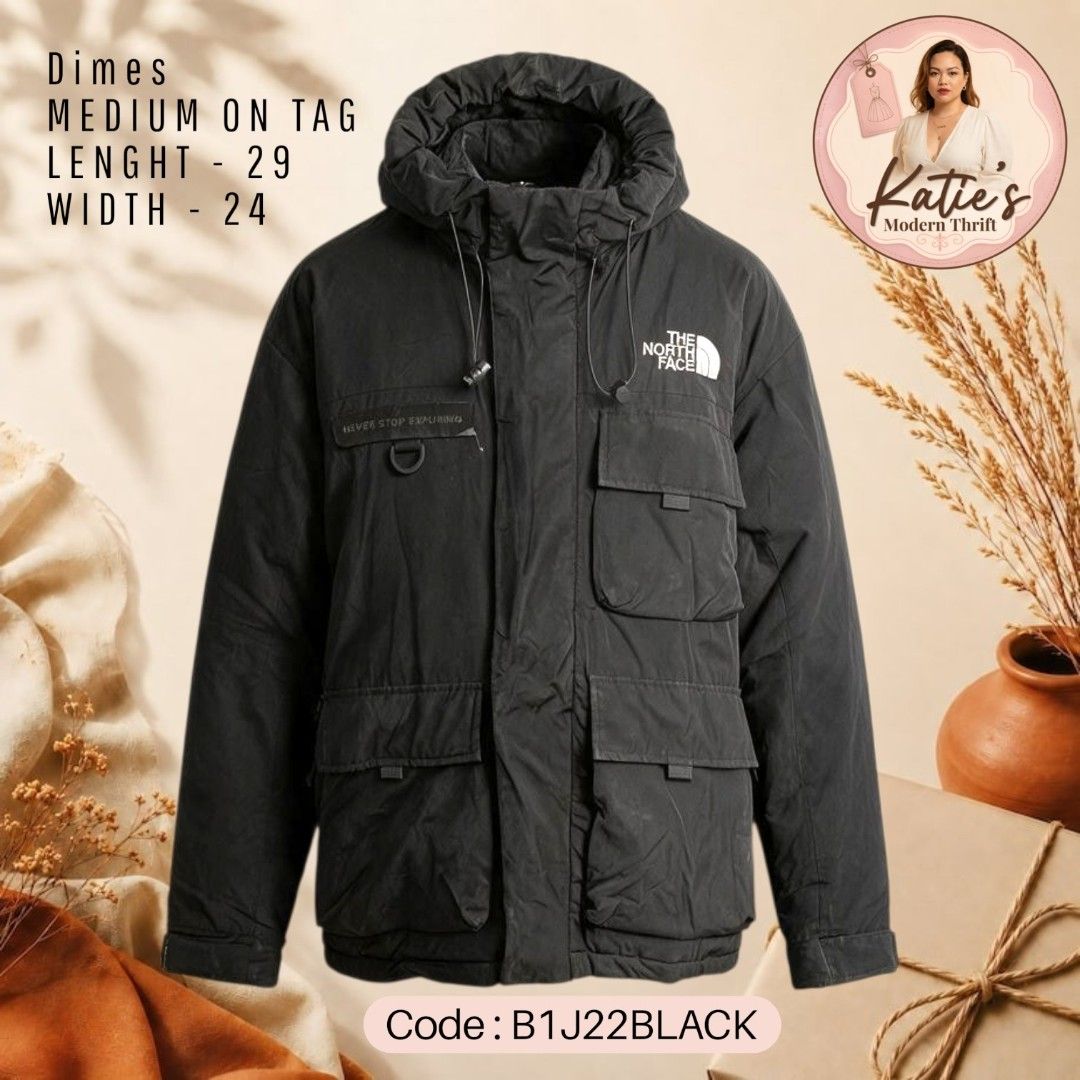 THE NORTH FACE POLAR AIR DOWN JACKET - THE NORTH FACE JACKET (Category: Coats, Jackets and Outerwear) located in Morong. Submitted by katiesmodernthrift (Listing ID 1466519318, Image 1). Description: The North Face Polar Air Down Jacket (or similar Eco Air/Polar Air series featuring multi-pocket utility design and the "NEVER STOP EXPLORING" chest label). 🛡️ Authenticity Check: Authentic Several key details confirm this is a real product: The Hol