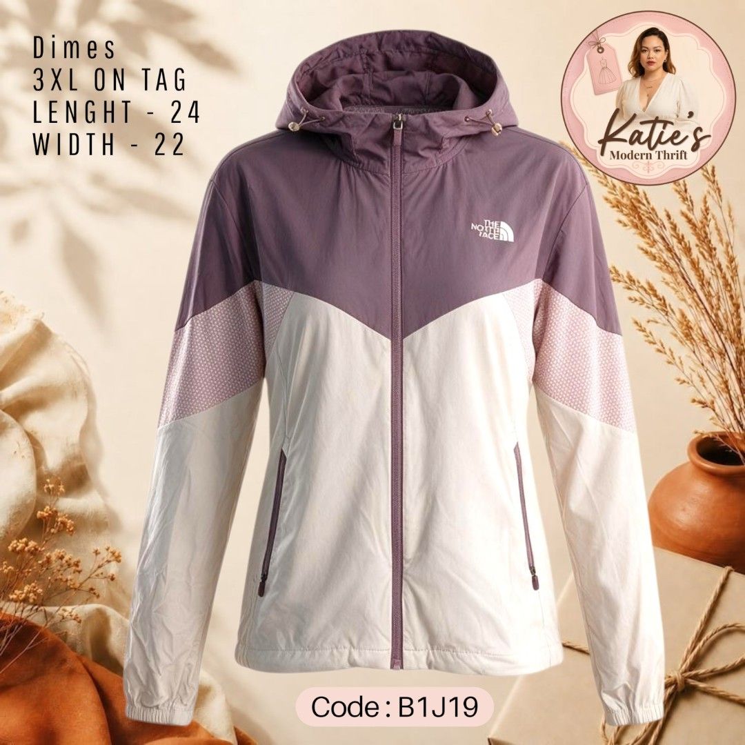 The North Face Inspired Lavender Two-Tone Windbreaker Jacket (Category: Coats, Jackets and Outerwear) located in Morong. Submitted by katiesmodernthrift (Listing ID 1466514192, Image 1). Description: Super cute color block patterns with a unique honeycomb sleeve detail. Great for sun protection or breezy weather. 📌 FEATURES: • Adjustable hood toggles • Functional side zipper pockets • Lightweight, breathable fabric 📐 ACTUAL MEASUREMENTS (Flat L