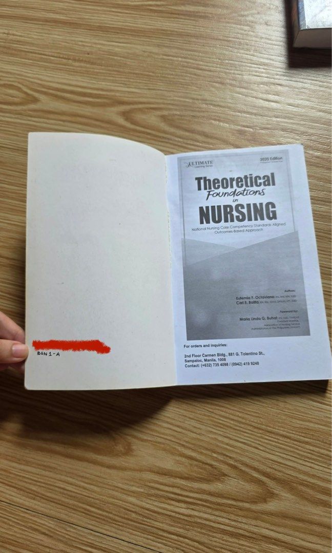 Theoretical Foundations in Nursing 2020 Edition Philippine Perspective (Category: Textbooks) located in Iloilo. Submitted by snrlvr_ (Listing ID 1466385997, Image 2). Description: - Theoretical Foundations in Nursing - Edition: 2020 by Eufemia Octaviano and Carl Balita - contains yellow highlighter marks, handwritten notes, and name written at the back of front cover .