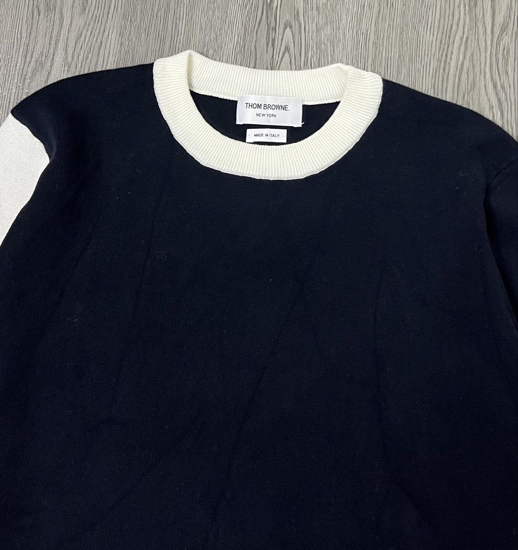 Thom Browne Crewneck Sweater (Category: Luxury Apparel) located in Bacoor. Submitted by southlocalgarage (Listing ID 1466451391, Image 3). Description: Thom Browne Crewneck Sweater Made in italy Size 2 on tag Excellent condition No issue Actual dimes! Width-21 Length-27 Dm to Purchase📩.