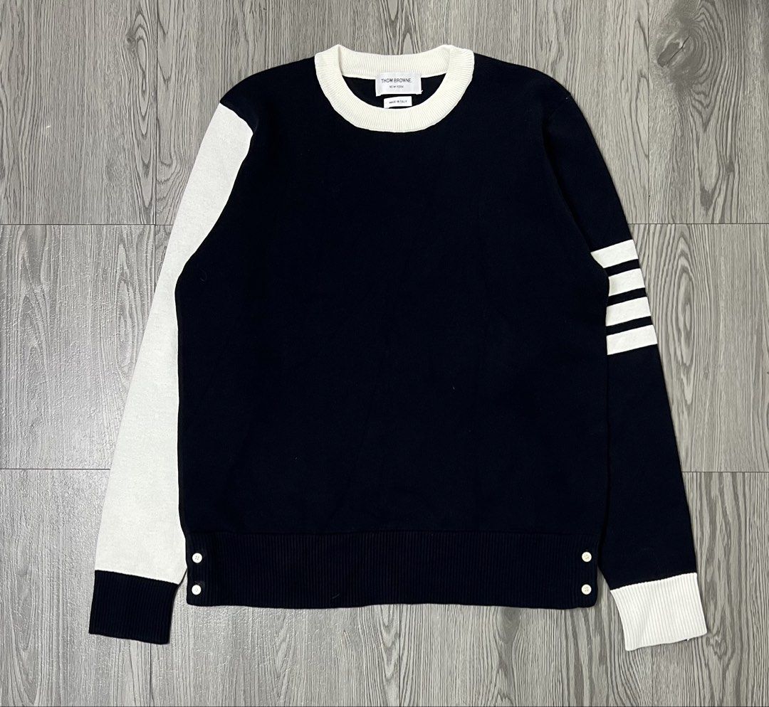 Thom Browne Crewneck Sweater (Category: Luxury Apparel) located in Bacoor. Submitted by southlocalgarage (Listing ID 1466451391, Image 1). Description: Thom Browne Crewneck Sweater Made in italy Size 2 on tag Excellent condition No issue Actual dimes! Width-21 Length-27 Dm to Purchase📩.