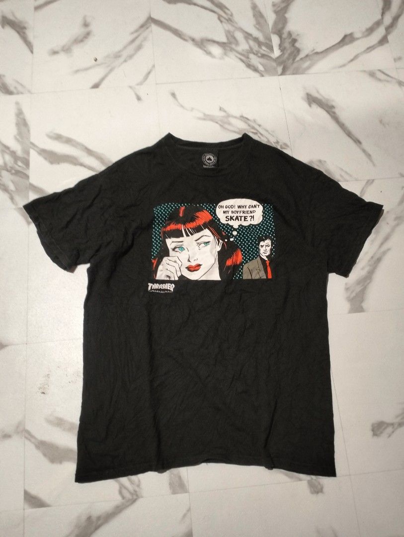 Thrasher skate tee (Category: Activewear) located in Solana. Submitted by allgoodst.s (Listing ID 1466412254, Image 1). Description: LARGE dimes 22/29 VG condition no issues 10/10 CR need wash Thrasher "New Boyfriend" (or "Boyfriend") T-shirt featuring a comic-strip graphic with the speech bubble reading, "OH GOD! WHY CAN'T MY BOYFRIEND SKATE?!".